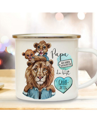 Emaille Becher Camping Tasse Löwe Löwenpapa Papa Kind 2 Löwenjungs & Spruch Papa du bist großartig Kaffeetasse Geschenk Vatertag eb520