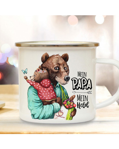 Emaille Becher Camping Tasse Bär Bärenpapa Papa Kind Bärenmädchen & Spruch Mein Papa Mein Held Kaffeetasse Geschenk Vatertag eb532