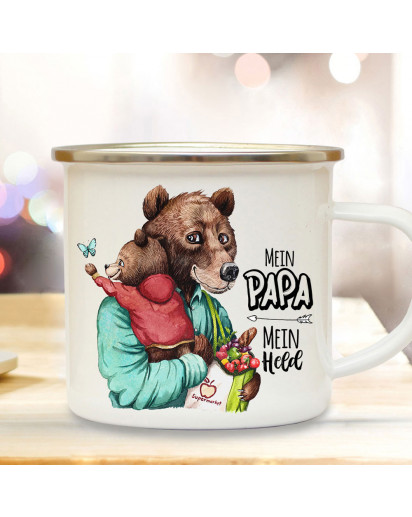 Emaille Becher Camping Tasse Bär Bärenpapa Papa Kind Bärenjunge & Spruch Mein Papa Mein Held Kaffeetasse Geschenk Vatertag eb533