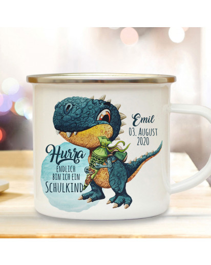 Emaille Becher Einschulung Camping Tasse Dino T-Rex Schultüte Schulkind & Name Datum Kaffeetasse Geschenk Schulanfang eb536