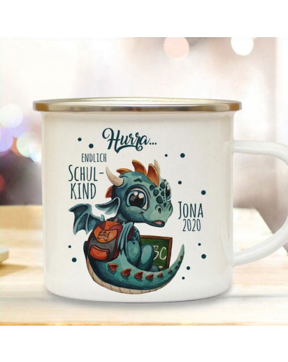 Emaille Becher Camping Tasse Motiv Drache Drachen dragon Schulkind & Wunschname Name Emaillebecher Camping Schulanfang Geschenk eb542