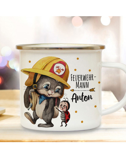 Emaillebecher Becher Tasse Camping Feuerwehr Häschen Hase Feuerwehrmann & Wunschname Name Kaffeetasse Geschenk eb554