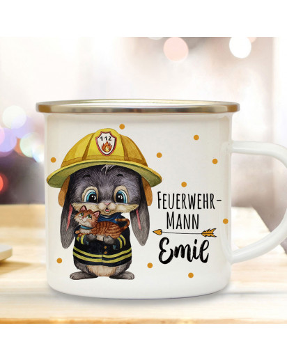 Emaillebecher Becher Tasse Camping Feuerwehr Hase mit Kätzchen Feuerwehrmann & Wunschname Name Kaffeetasse Geschenk eb555