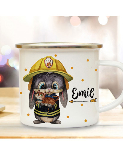 Emaillebecher Becher Tasse Camping Feuerwehr Hase mit Kätzchen & Wunschname Name Kaffeetasse Geschenk eb556