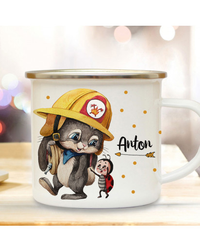 Emaillebecher Becher Tasse Camping Feuerwehr Häschen Hase & Wunschname Name Kaffeetasse Geschenk eb557