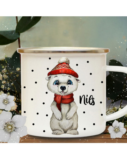 Emaillebecher Becher Tasse Camping Eisbär Bär Winter & Wunschname Name Kaffeetasse Geschenk eb566