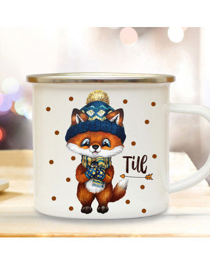 Emaillebecher Becher Tasse Camping Fuchs Winter & Wunschname Name Kaffeetasse Geschenk eb567