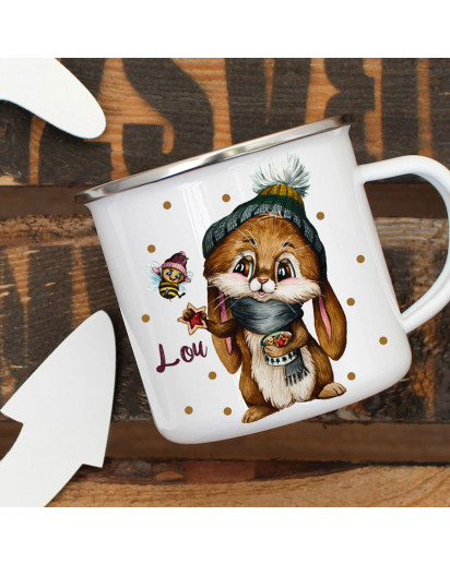 Emaillebecher Becher Tasse Camping Hase Häschen Biene Winter & Wunschname Name Kaffeetasse Geschenk eb568