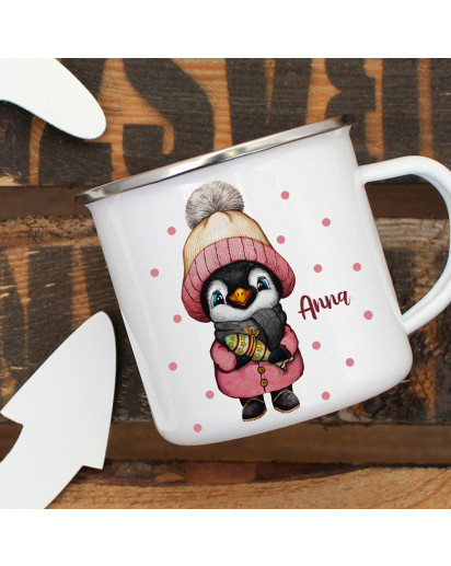 Emaillebecher Becher Tasse Camping Pinguin Mädchen Winter & Wunschname Name Kaffeetasse Geschenk eb569