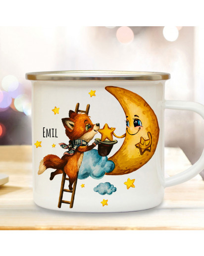 Emaillebecher Becher Tasse Camping Fuchs mit Mond & Wunschname Name Kaffeetasse Winter Geschenk eb571