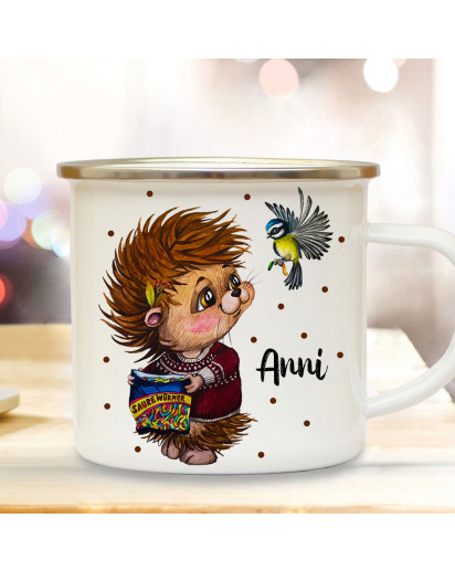 Emaillebecher Becher Tasse Camping Igel mit Vogel & Wunschname Name Kaffeetasse Winter Geschenk eb576