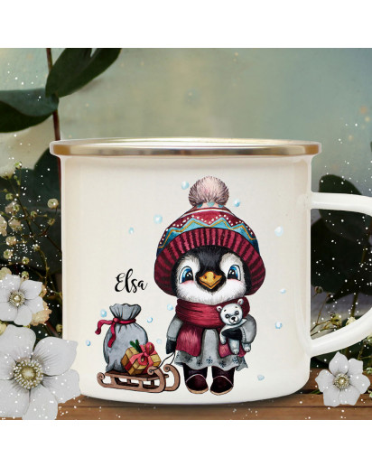 Emaillebecher Becher Tasse Camping Pinguin mit Schlitten & Wunschname Name Kaffeetasse Winter Weihnachten Geschenk eb577