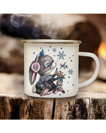 Emaillebecher Becher Tasse Camping Hase Häschen Nikolausstiefel & Wunschname Name Kaffeetasse Winter Weihnachten Geschenk eb578