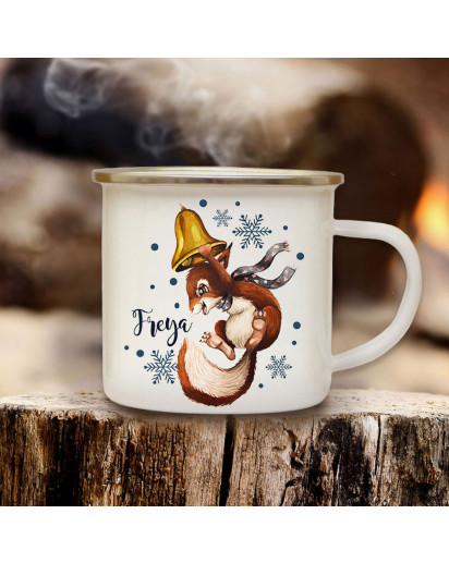 Emaillebecher Becher Tasse Camping Eichhörnchen mit Glocke & Wunschname Name Kaffeetasse Winter Weihnachten Geschenk eb579