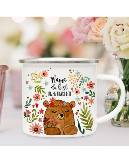 Emaille Becher Camping Tasse Bär Bärchen Blumen & Spruch Mama du bist unentbärlich Kaffeetasse Geschenk Muttertag eb590