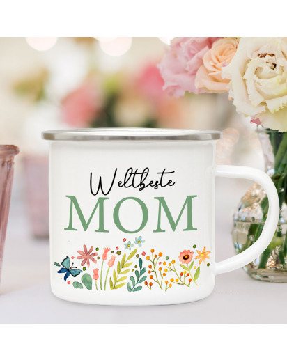 Emaille Becher Camping Tasse Blumen Blümchen Spruch Weltbeste Mom Kaffeetasse Geschenk Muttertag eb591