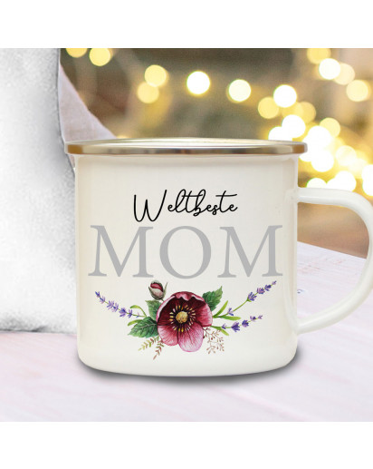 Emaille Becher Camping Tasse Blumen Blümchen Spruch Weltbeste Mom Kaffeetasse Geschenk Muttertag eb592