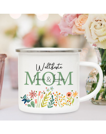 Emaille Becher Camping Tasse Blumen Blümchen Spruch Weltbeste Mom grün Name Wunschname Kaffeetasse Geschenk Muttertag eb593