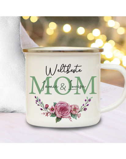 Emaille Becher Camping Tasse Blumen Blümchen Rose Spruch Weltbeste Mom Name Wunschname Kaffeetasse Geschenk Muttertag eb594