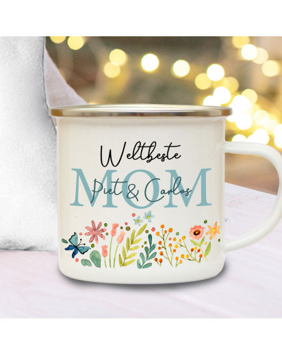 Emaille Becher Camping Tasse Blumen Blümchen Spruch Weltbeste Mom petrol blau Name Wunschname Kaffeetasse Geschenk Muttertag eb595