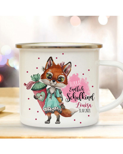 Emaille Becher Einschulung Camping Tasse Fuchs Mädchen Spruch Hurra endlich Schulkind & Name Wunschname Wunschdatum Kaffeetasse Geschenk eb597