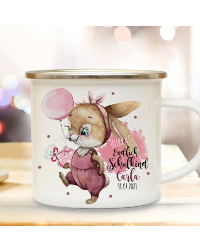 Emaille Becher Einschulung Camping Tasse Hasen Mädchen Spruch Hurra endlich Schulkind & Name Wunschname Wunschdatum Kaffeetasse Geschenk eb598