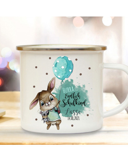 Emaille Becher Einschulung Camping Tasse Hasen Junge Ballon Spruch Hurra endlich Schulkind & Name Datum Kaffeetasse Geschenk eb599