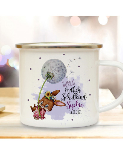 Emaille Becher Einschulung Tasse Hasen Mädchen Pusteblume Spruch Hurra endlich Schulkind & Name Wunschdatum Kaffeetasse Geschenk eb600