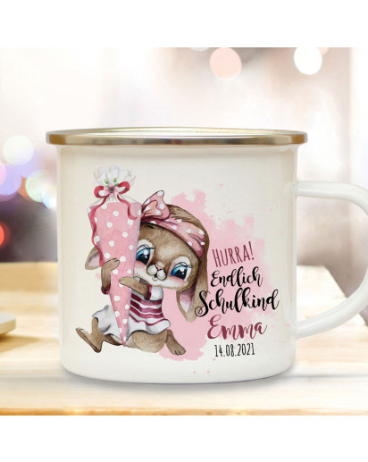 Emaille Becher Einschulung Tasse Hasen Mädchen Schultüte Spruch Hurra endlich Schulkind & Name Wunschdatum Kaffeetasse Geschenk eb601