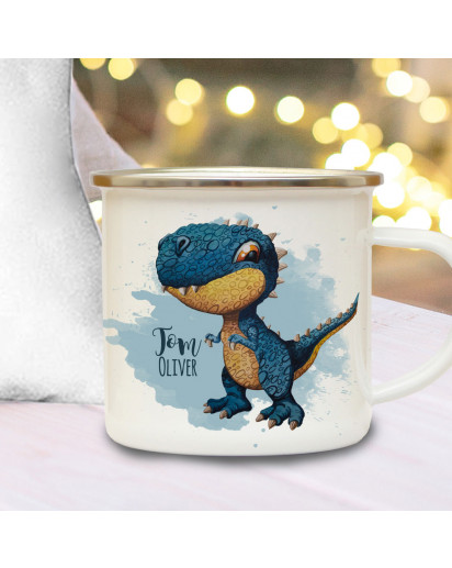 Emaille Becher Campingbecher Einschulung Tasse Dino Dinosaurier T-Rex & Name Wunschname Kaffeetasse Geschenk eb602