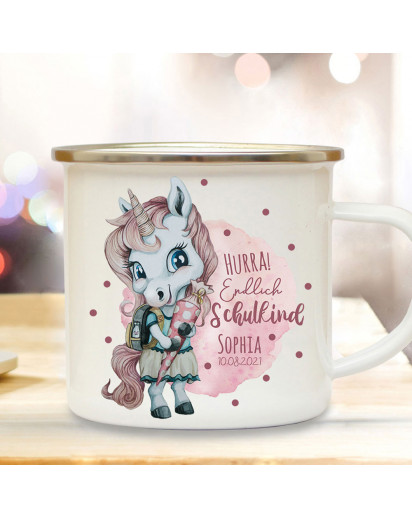 Emaille Becher Einschulung Tasse Einhorn Mädchen rosa pink Schultüte Spruch Hurra endlich Schulkind & Name Wunschdatum Kaffeetasse Geschenk eb603