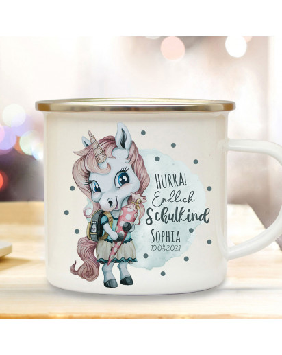 Emaille Becher Einschulung Tasse Einhorn Mädchen blau Schultüte Spruch Hurra endlich Schulkind & Name Wunschdatum Kaffeetasse Geschenk eb604