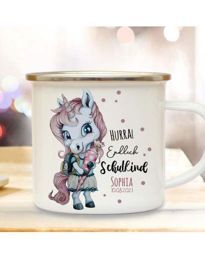 Emaille Becher Einschulung Tasse Einhorn Mädchen rosa Schultüte Spruch Hurra endlich Schulkind & Name Wunschdatum Kaffeetasse Geschenk eb605