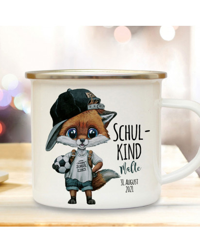 Emaille Becher Einschulung Camping Tasse Fuchs Fußball Junge Schulkind & Name Datum Kaffeetasse Geschenk Schulanfang eb606