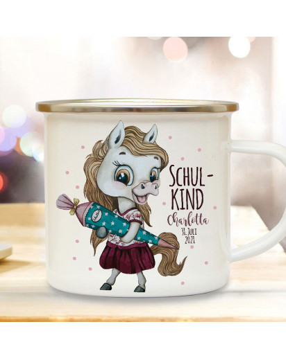 Emaille Becher Einschulung Tasse Pferdchen Pferd Schultüte Schulkind & Name Wunschdatum Kaffeetasse Geschenk eb608