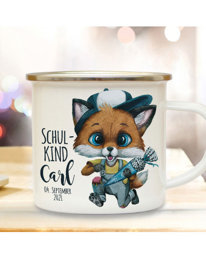 Emaille Becher Einschulung Camping Tasse Fuchs Schultüte Junge Schulkind & Name Datum Kaffeetasse Geschenk Schulanfang eb609