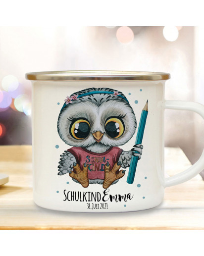 Emaille Becher Einschulung Tasse Eule Eulen Mädchen Bleistift Schulkind & Name Wunschdatum Kaffeetasse Geschenk eb611