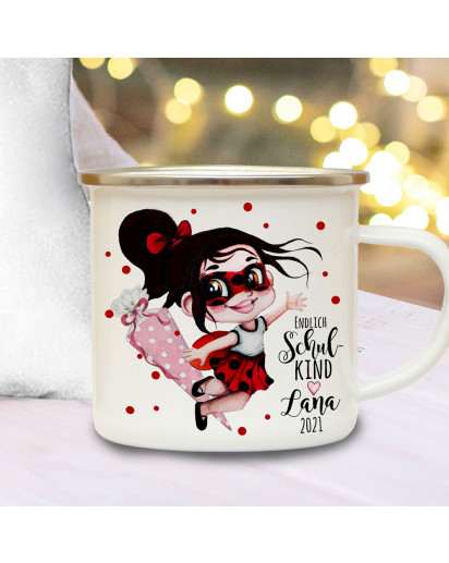 Emaille Becher Einschulung Tasse Marienkäfer Girl Mädchen Schultüte endlich Schulkind & Name Wunschdatum Kaffeetasse Geschenk eb612