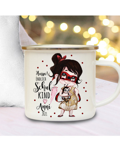 Emaille Becher Einschulung Tasse Marienkäfer Girl Mädchen Schultüte Hurra endlich Schulkind & Name Wunschdatum Kaffeetasse Geschenk eb613