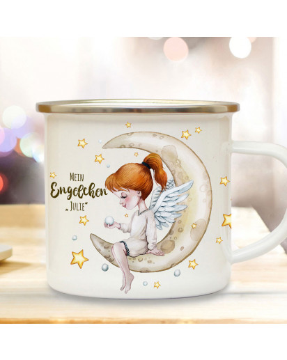 Emaille Becher Camping Tasse Engel Engelchen auf Mond sitzend Spruch Mein Engelchen & Wunschname Name Kaffeetasse Geschenk Winter Weihnachten eb624