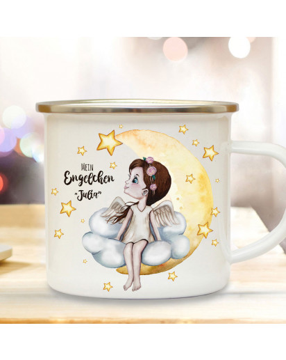 Emaille Becher Camping Tasse Engel Engelchen auf Wolke sitzend & Spruch Mein Engelchen mit Wunschname Name Kaffeetasse Geschenk Winter Weihnachten eb627