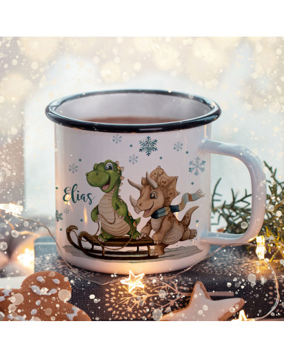 Emaille Becher Camping Tasse Dinosaurier Dinos auf Schlitten mit Wunschname Name Kaffeetasse Geschenk Winter Weihnachten eb631