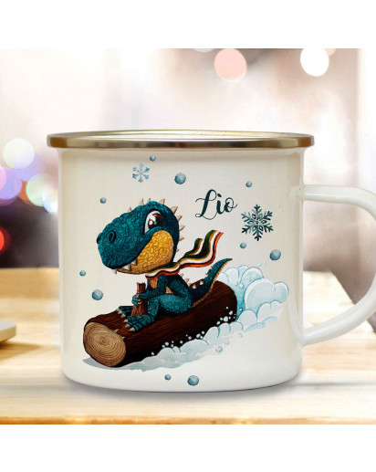 Emaille Becher Camping Tasse Dinosaurier Dino T-Rex auf Baumstamm mit Wunschname Name Kaffeetasse Geschenk Winter Weihnachten eb632