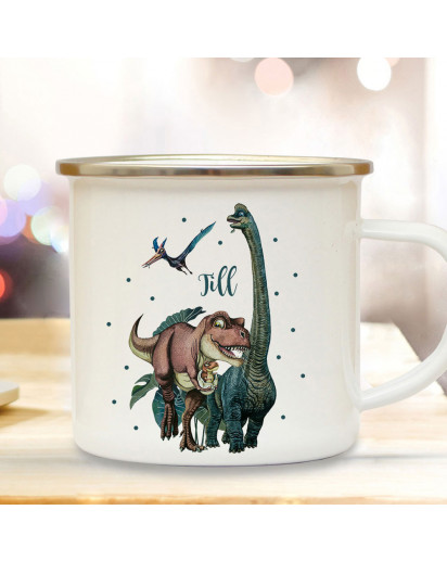 Emaille Becher Camping Tasse Dinosaurier Dino Dinos T-Rex Flugsaurier Brontosaurus mit Wunschname Name Kaffeetasse Geschenk eb634