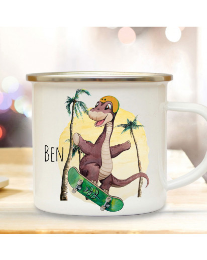 Emaille Becher Camping Tasse Dinosaurier Dino Skateboarder Skater mit Wunschname Name Kaffeetasse Geschenk eb635