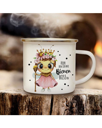 Emaille Becher Camping Tasse Biene Bienchen Bienenkönigin Spruch Hier bin ich die Bienen Bossin Kaffeetasse Geschenk eb637