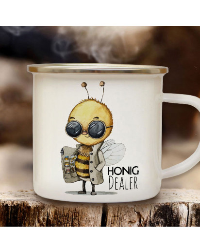 Emaille Becher Camping Tasse Biene Bienchen Spruch Honigdealer Kaffeetasse Geschenk eb643