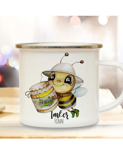 Emaille Becher Camping Tasse Biene Bienchen Imkerbiene Honigglas & Wunschname Name Imker Kaffeetasse Geschenk eb644