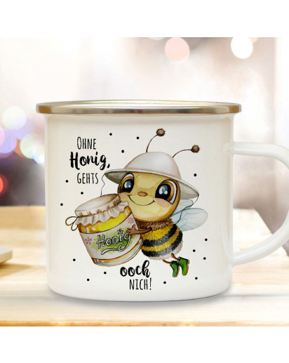 Emaille Becher Camping Tasse Biene Bienchen Imkerbiene Honigglas Spruch Ohne Honig gehts ooch nich Kaffeetasse Geschenk eb646