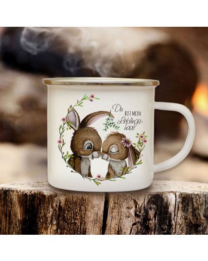 Emaille Becher Camping Tasse Hase Häschen Hasenpaar Paar Spruch Du bist mein Lieblingshase Kaffeetasse Geschenk Spruchbecher eb662